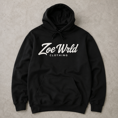 Zoe Wrld Logo Hoodie — Casual Black Script Pullover